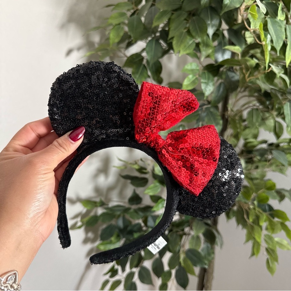 Disney Parks Authentic Minnie Mouse Sequin Ear Headband in Black & Red